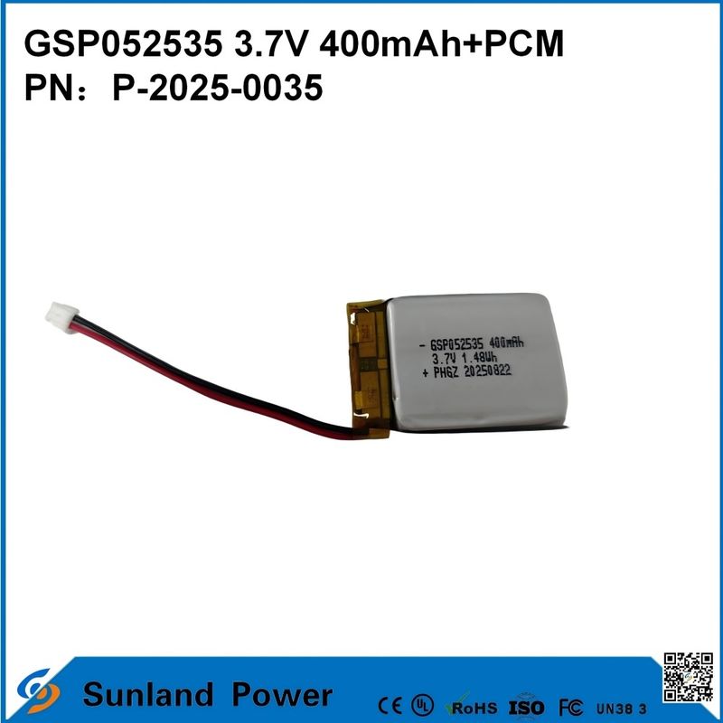 GSP052535 3.7V 400mAh+PCM Bateria usada em rádios compactas de duas vias, gravadores de voz, mini rastreadores GPS, canetas inteligentes e dispositivos similares